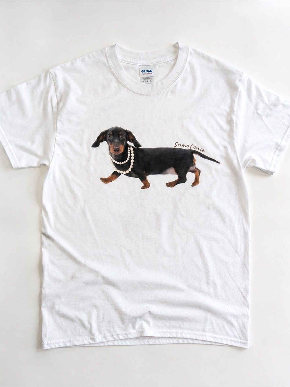 Gildan White Tee with Dachshund and Pearls Graphic